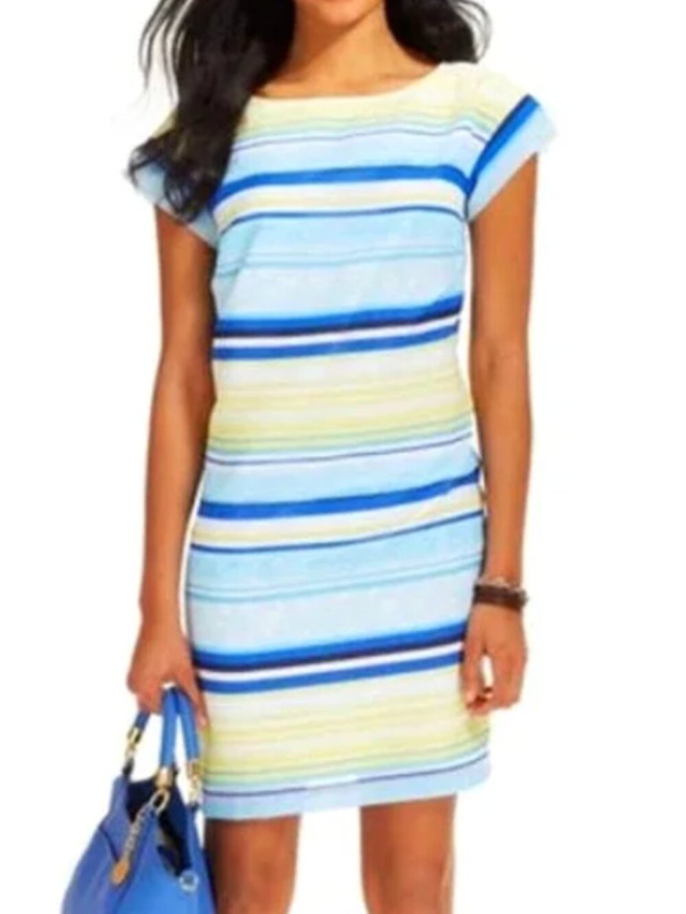 TOMMY HILFIGER Blue Yellow White Stripe Work Office Party Shift Dress Small S